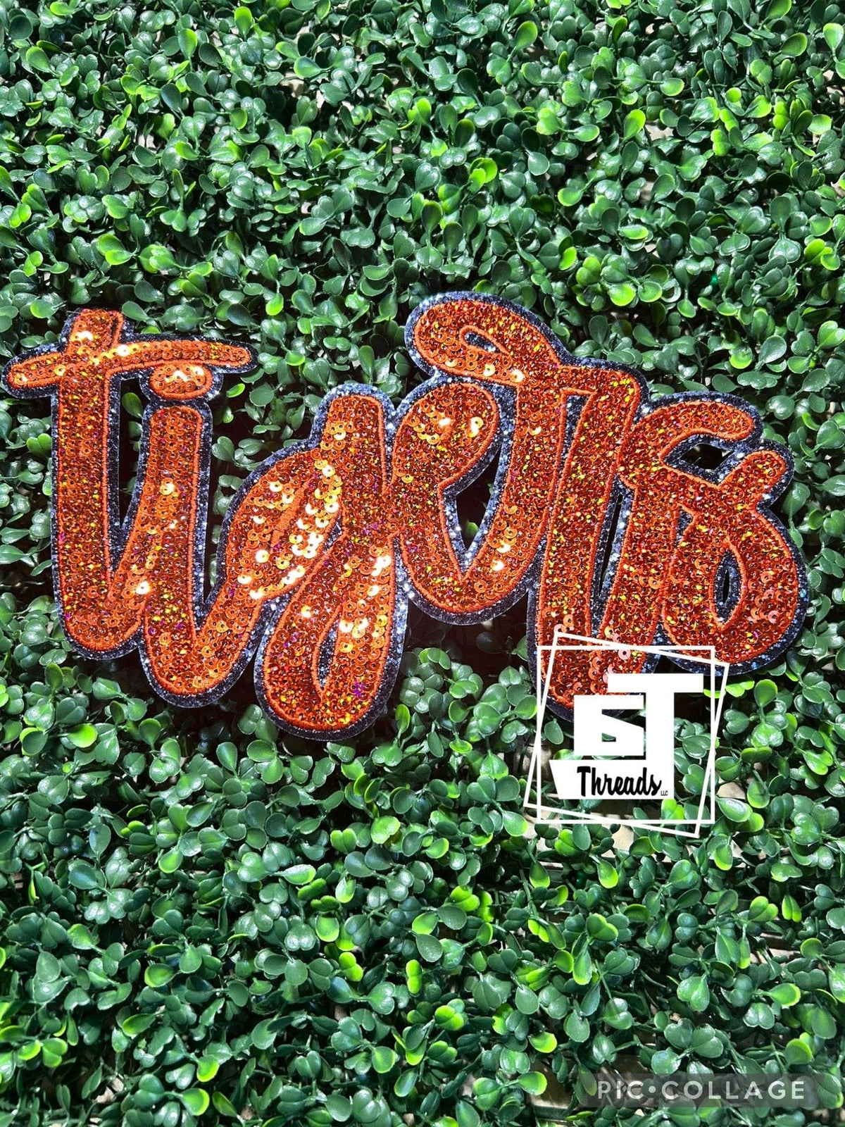 Navy Blue and Orange Cursive Sequin Tigers....Patches Only